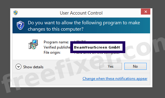 Screenshot where BeamYourScreen GmbH appears as the verified publisher in the UAC dialog
